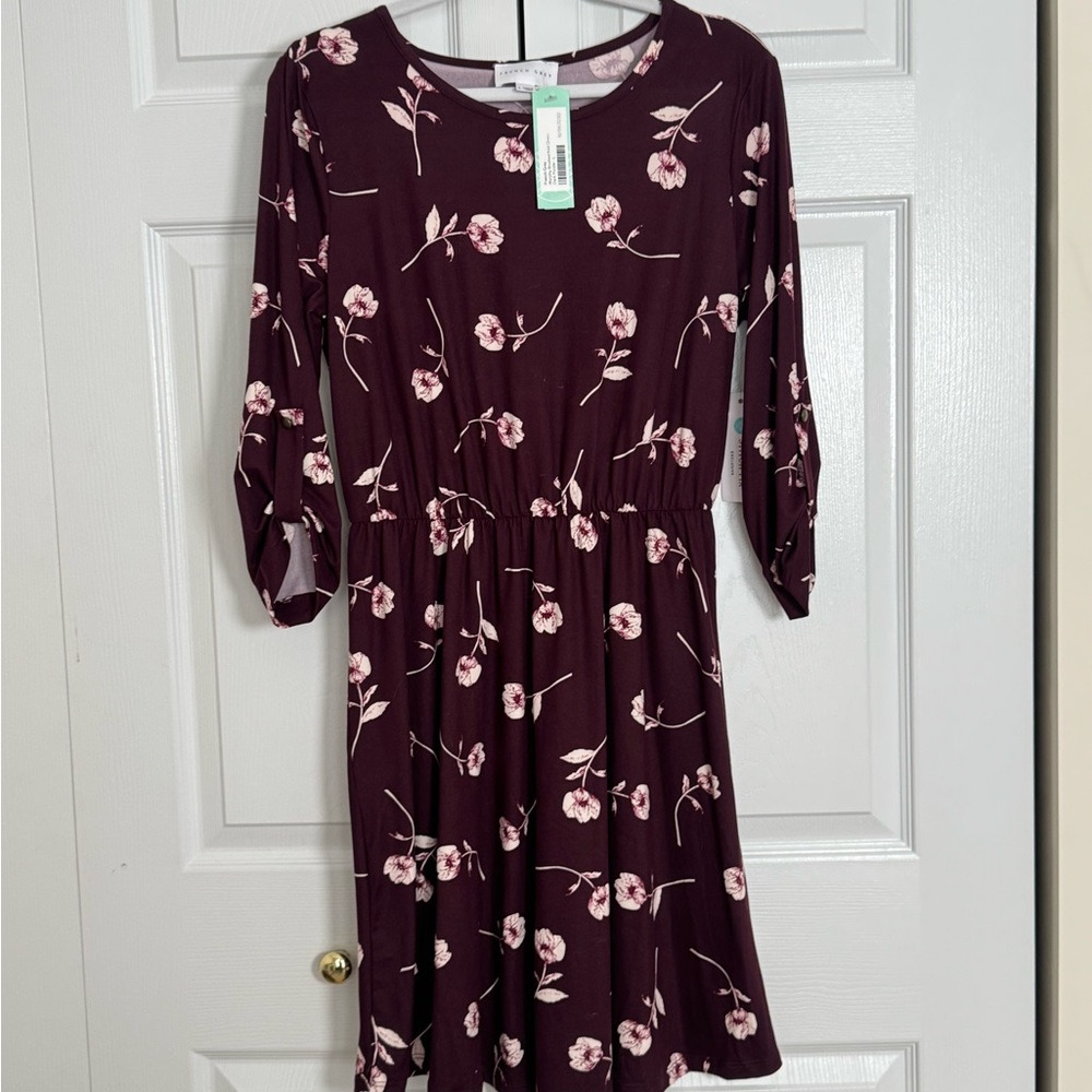 French Grey Floral Dress in Burgundy and Pink